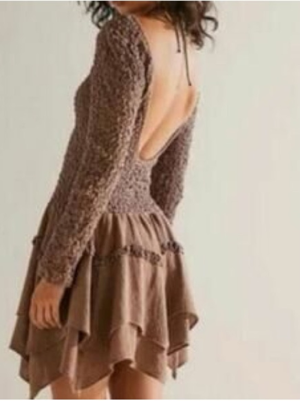 FREE PEOPLE what a time open back brown textured mini dress / size XS-S
